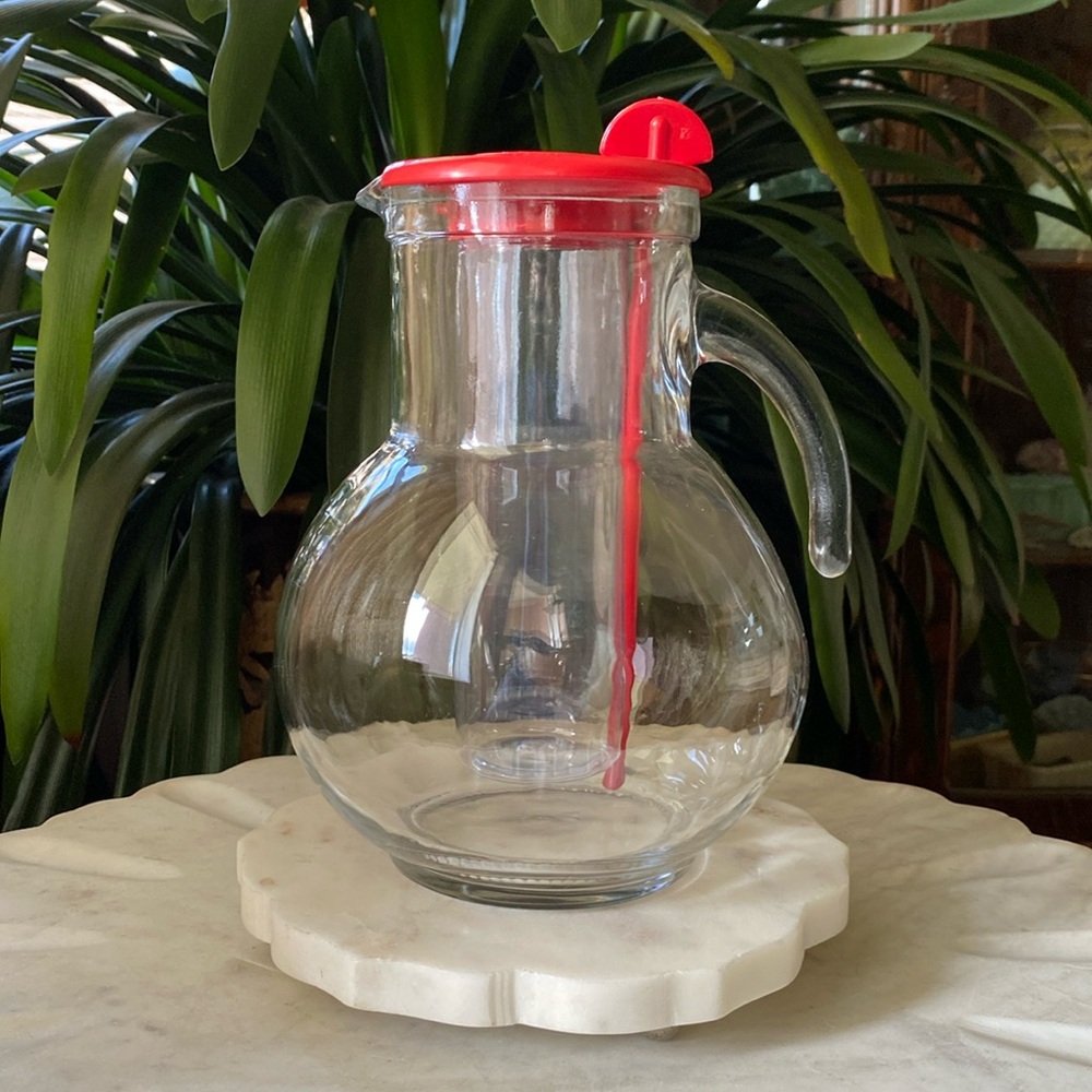 Bormioli Rocco Kufra Glass Pitcher Jug with Ice Container, Red Lid + Stir Stick